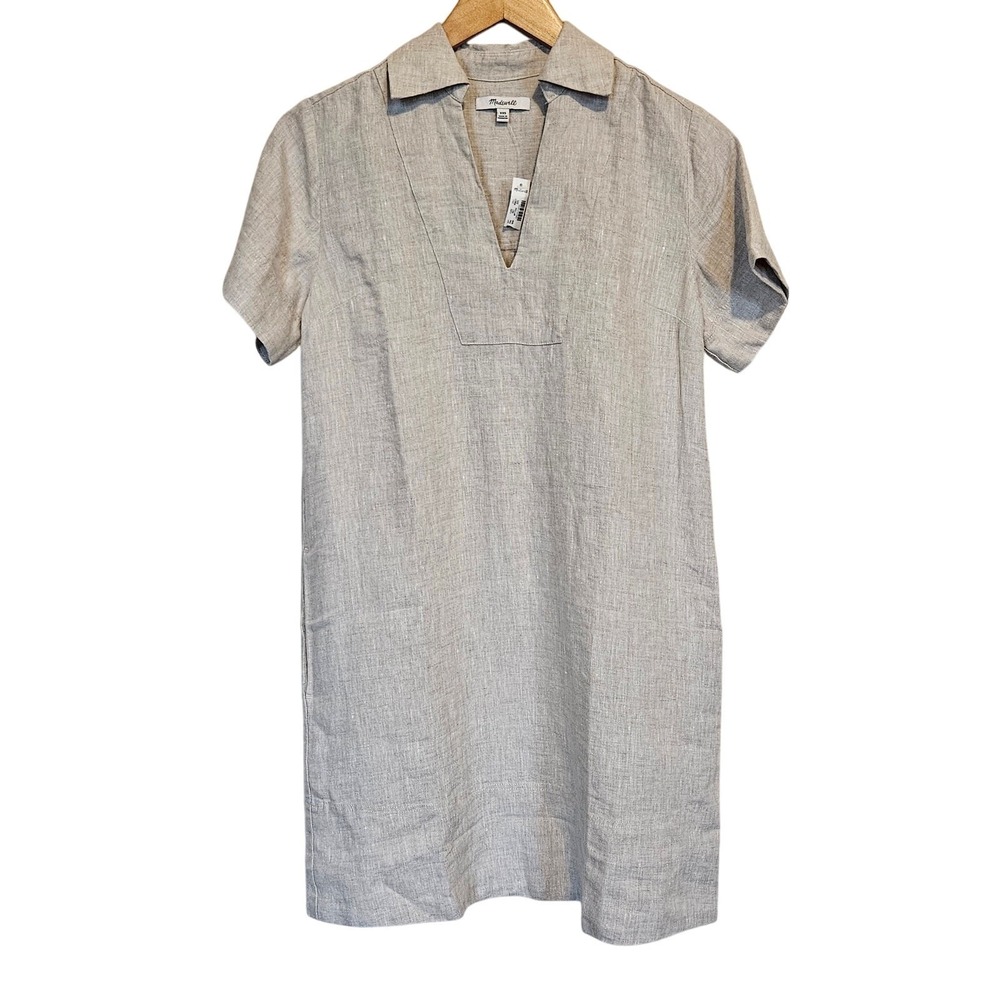 Madewell V-Neck Mini Shift Dress in 100% Linen Women's XXS Minimalist Preppy
